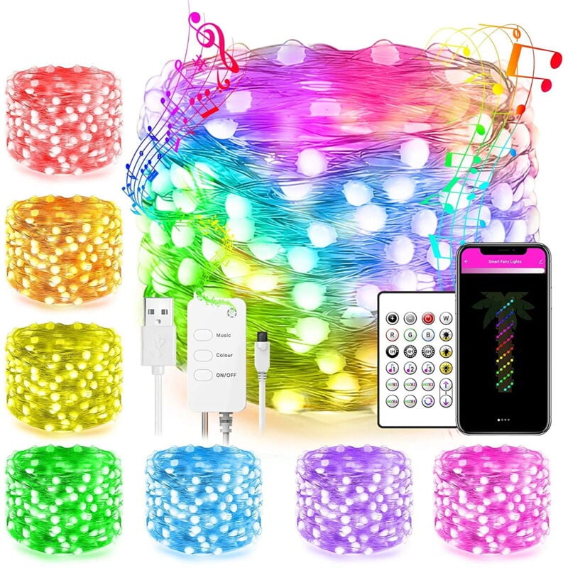 Guirlande lumineuse led en fil de cuivre, contrôle via Bluetooth, clignotant multimode, décoration de jardin, festival, anniversaire, 20 m, 132