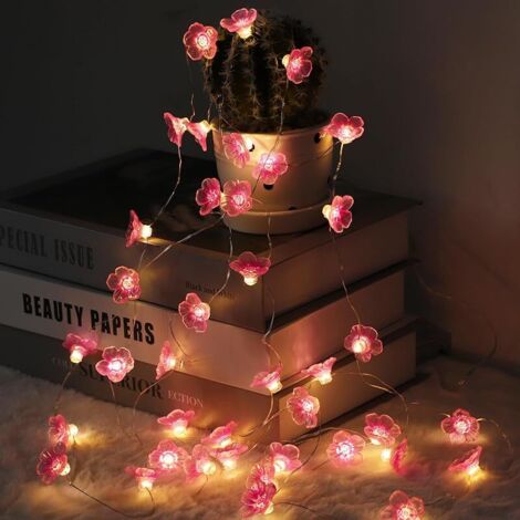 Guirlande lumineuse LED en fleurs de cerisier 4 m 40 LED Guirlande de fleurs à piles avec fonction de minuterie, guirlande lumineuse rose avec guirlande de fleurs pour intérieur, mariage,