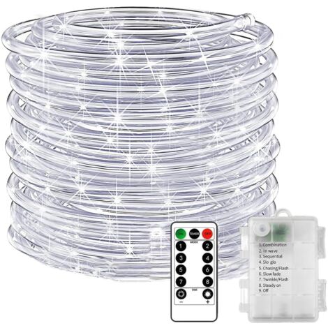 Guirlande lumineuse LED féérique, guirlande lumineuse tubulaire alimentée par piles avec télécommande et minuterie, 8 modes (blanc, 12 mètres, 100 LED)