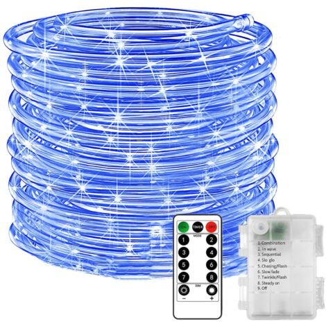 Guirlande lumineuse LED féérique, guirlande lumineuse tubulaire alimentée par piles avec télécommande et minuterie, 8 modes (Bleu, 12 mètres, 100 LED)