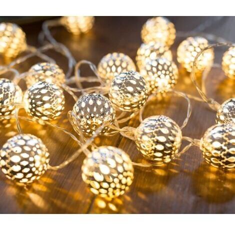 Guirlande lumineuse LED – Longueur totale 3M 20 LED blanc chaud Guirlande lumineuse Boules argentées style oriental marocain – Pas de changement de piles (Fiche)