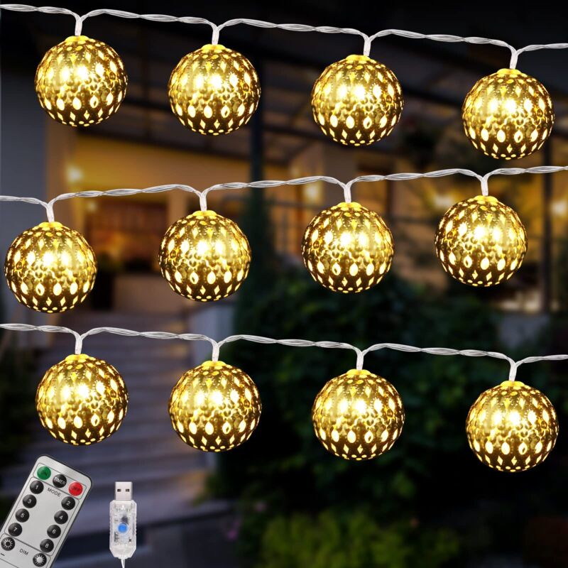 Guirlande Lumineuse led Marocaine, 4,5 m 30 led usb 8 Modes d'Éclairage, avec Télécommande, Boule Dorée, Style Oriental Marocain