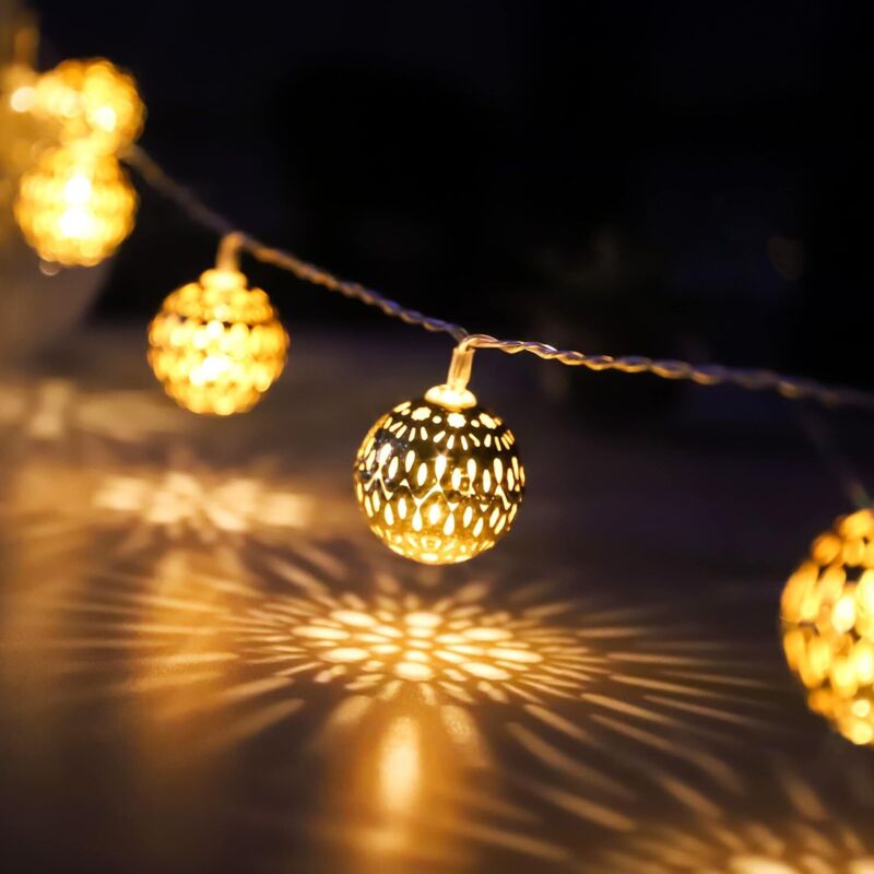 Guirlande lumineuse LED marocaine avec prise, 20 boules en métal doré à motifs, pour mariage, vacances, Noël, intérieur et extérieur,