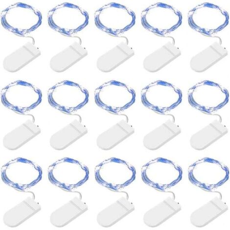 Guirlande lumineuse LED, paquet de 15, 2 m, 20 guirlandes lumineuses à piles, fil de cuivre (bleu)