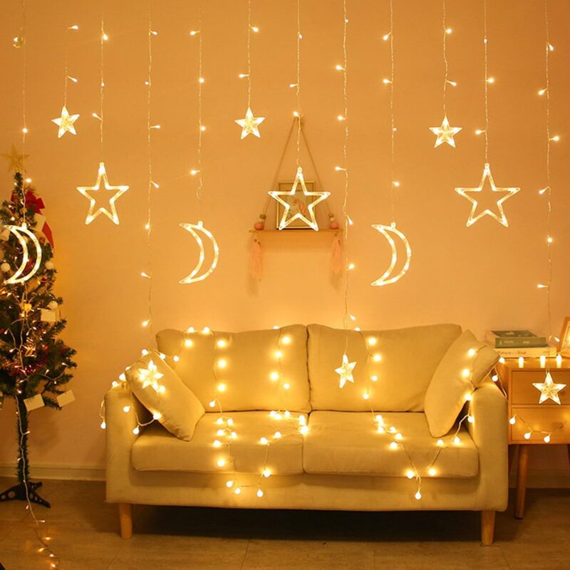 Guirlande lumineuse LED Ramadan - 3,5 m - Étoile et lune - 8 modes clignotants - Décoration pour Noël, mariage, fête, maison, terrasse, Ramadan,