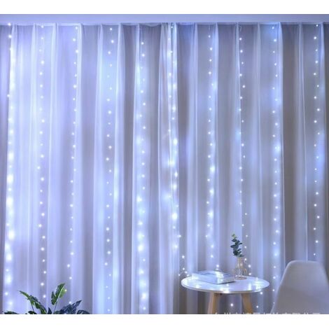 Guirlande lumineuse LED rideau — 3 x 3 mètres, 300 LED — Étanchéité IP44 — 8 modes d'éclairage — Lumière froide — Décorations pour la Saint-Valentin, en intérieur comme en extérieur