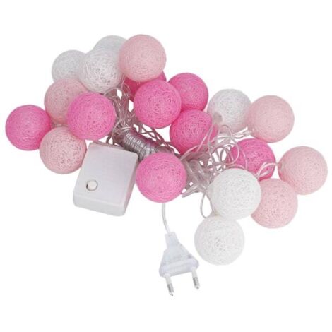 Guirlande lumineuse LED rose avec 20 boules de coton, prise européenne 220 V, 3,7 m, 30 cm de longueur, idéale pour Noël et comme veilleuse d'intérieur.