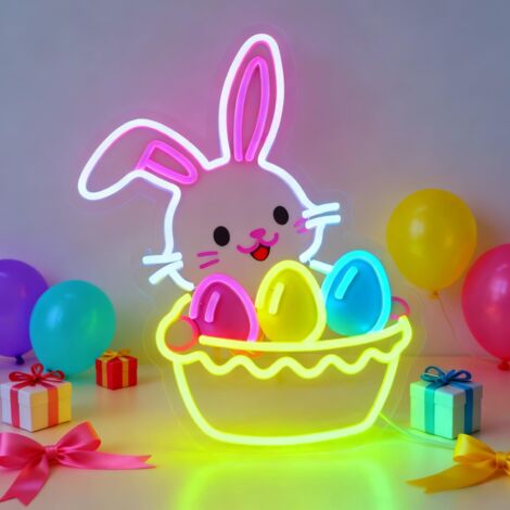 Guirlande lumineuse néon panier de Pâques, lapin portant un panier, 10 niveaux d'intensité, alimentation USB, cadeau pour garnir un panier de Pâques