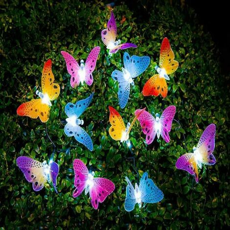 Guirlande lumineuse papillon solaire 12led rouge, jaune, bleu et vert guirlande lumineuse papillon LED multicolore solaire quatre couleurs，pour l'intérieur et l'extérieur, décoration de vacances
