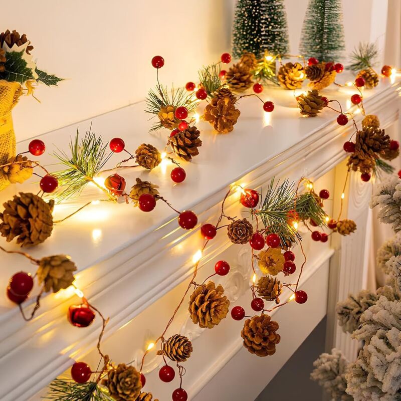 Guirlande Lumineuse Pomme de Pin, 2M 20LED Lampe Pomme de Pin, Guirlande de NoëL avec LumièRes Rouges et Pommes de Pin, à Piles, Décoration de Baies