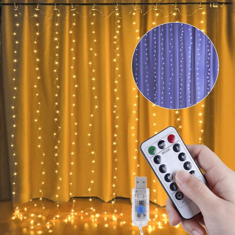 Rideau Guirlande Lumineuse,3 x 3m 300LEDs Rideau Guirlande Lumineuse ,8 Modes d'éclairage Blanc ChaudConvient pour Le Mariage, Le Jardin, la