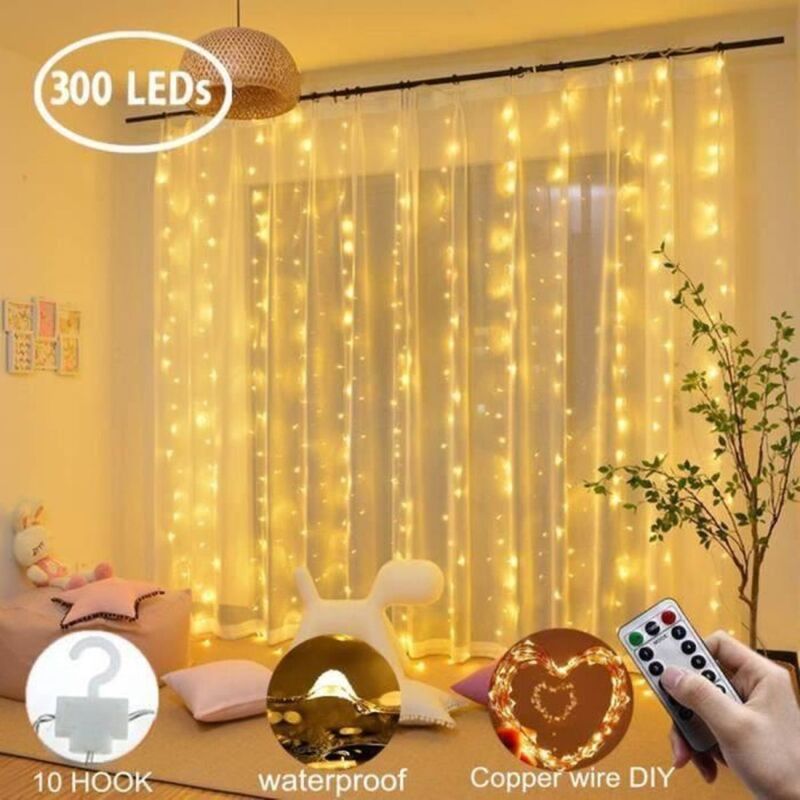 Guirlande Lumineuse Rideau 300 LED Decoration Lumineuse USB 8 Modes 3M3M Deco de Fenêtre Anniversaire Mariage Maison