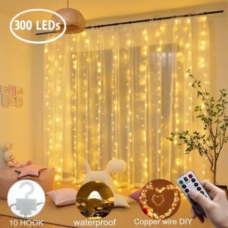 Guirlande Lumineuse Rideau 300 LED Decoration Lumineuse USB 8 Modes 3M3M Deco de Fenêtre Anniversaire Mariage Maison