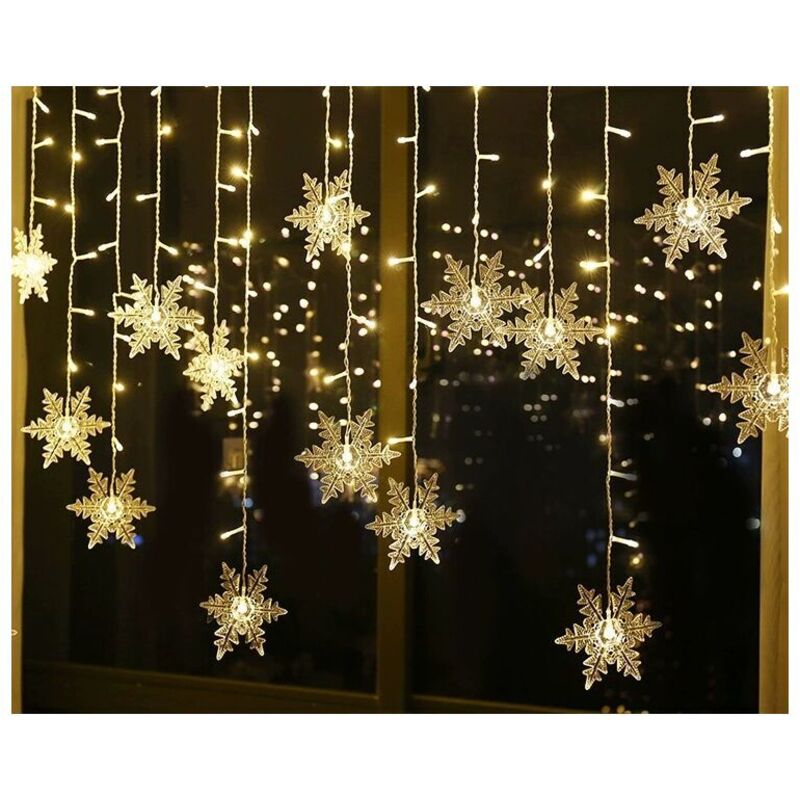 Guirlande Lumineuse, Rideau Lumineux, 4m 96 LEDs Lumières de Noël Flocon de Neige 8 Modes d'Eclairage, Decoration de Fenêtre, Noël, Mariage,