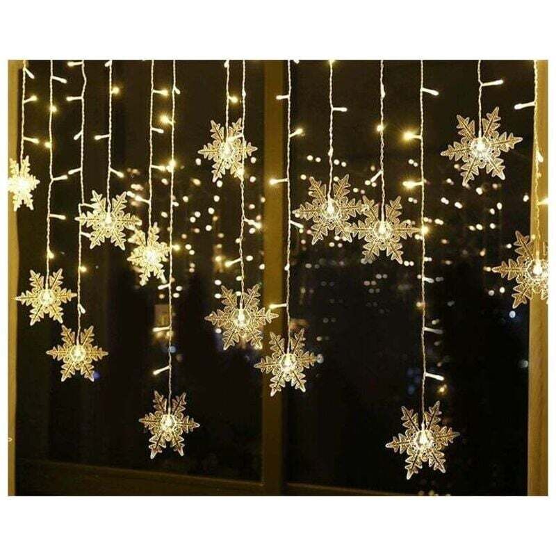 Guirlande Lumineuse, Rideau Lumineux, 4m 96 LEDs Lumières de Noël Flocon de Neige 8 Modes d'Eclairage, Decoration de Fenêtre, Noël, Mariage,