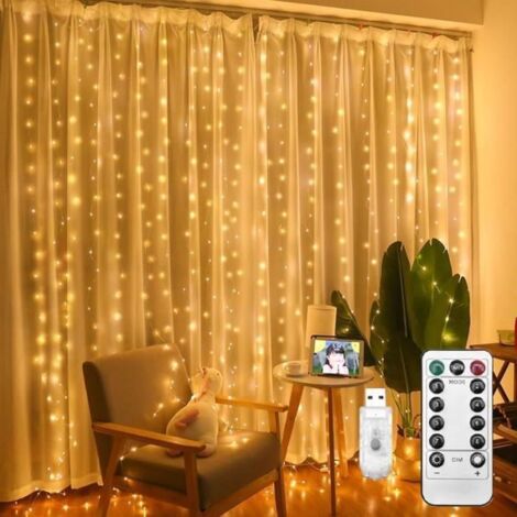 Guirlande Lumineuse Rideau, Rideau Lumineux USB 300 LED 3m3m 8 Modes d\'Eclairage Decoration de Fenêtre Noël Mariage Patio