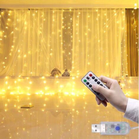 Guirlande Lumineuse Rideau,Avec crochet Rideau Lumineux USB 300 LED 3m×3m 8 Modes d'Eclairage,Decoration de Fenêtre,Noël,Mariage,Anniversaire,Maison,Patio,(Blanc chaud)
