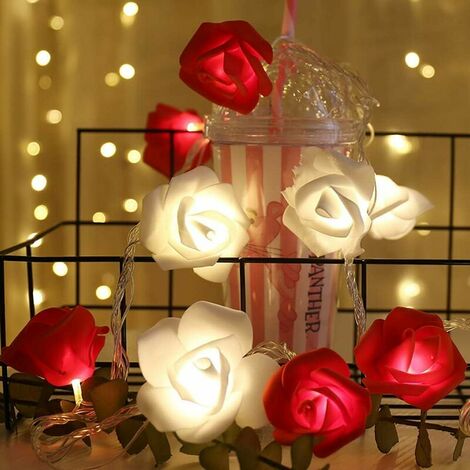 Guirlande Lumineuse Rose 3M 20 LED À Piles Fleur Rose Blanc Chaud Rose Fées Lumières Romantique Maison Jardin Décoration pour Mariage Fête la Saint Valentin Noël (Rouge-Blanc)
