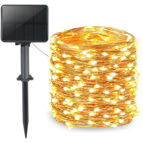 Guirlande lumineuse solaire, 10 m, 100 LED, fil de cuivre, 8 modes, minuterie, protection IP65, pour sapin de Noël, jardin, chambre, balcon, décoration intérieure/extérieure, blanc chaud