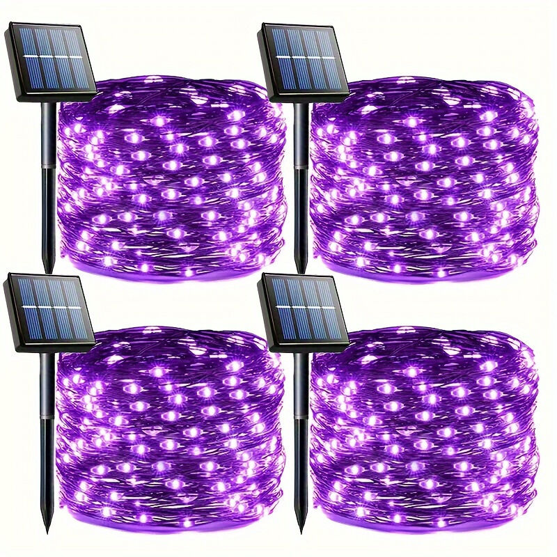 Guirlande Lumineuse Solaire, 4 Paquets 12M 100 LED Guirlande Fil de Cuivre Solaire Extérieur Violet Étanche 8 Modes Lumière Solaire Décoration pour