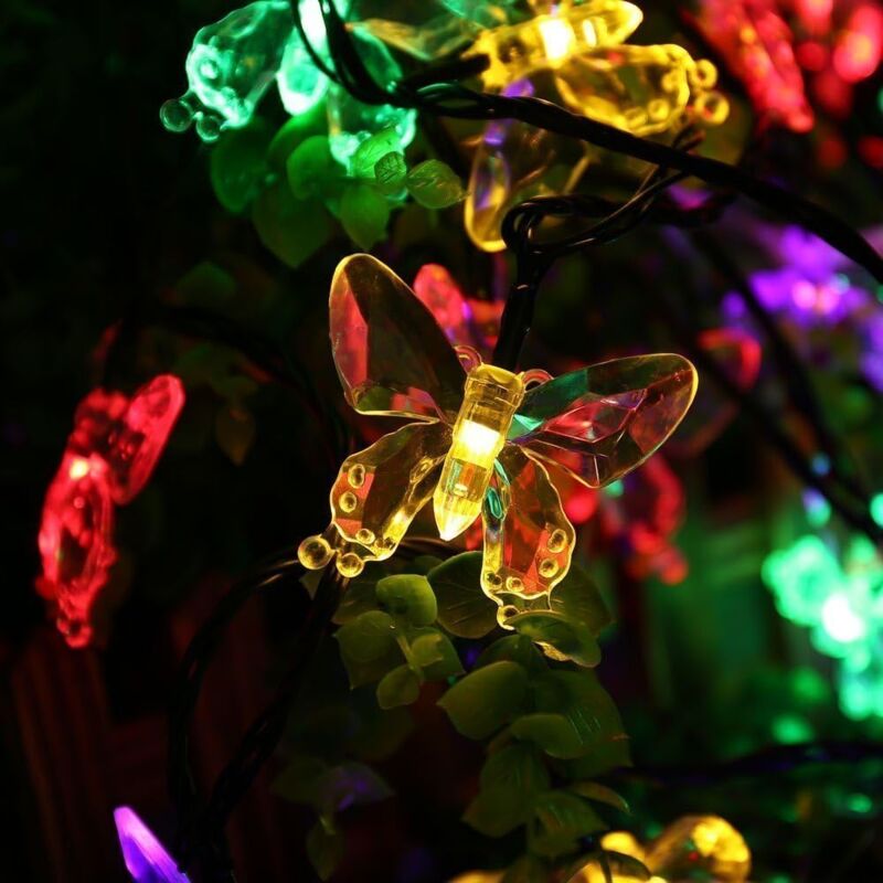 Guirlande Lumineuse Solaire, 7 m Guirlande Lumineuse Solaire LED 50 Papillons Éclairage Décoratif de Fête de Noël (RVB)