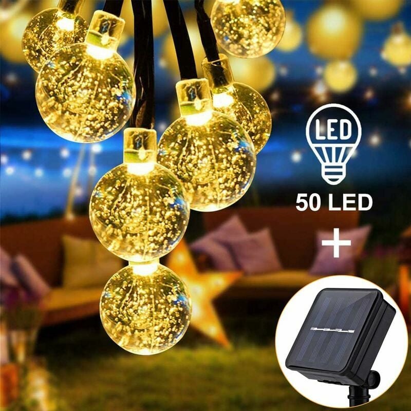 Guirlande lumineuse solaire – 7 m/23 pieds 50 boules de cristal led, lumières décoratives étanches pour intérieur et extérieur, jardin, fête, patio,