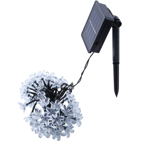 Guirlande lumineuse solaire à 50 LED en forme de fleur, blanc chaud, idéale pour décorer votre maison, votre jardin ou vos fêtes de Noël.