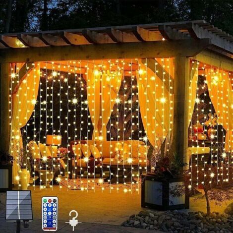 Guirlande Lumineuse Solaire Améliorée Blanc Chaud Rideau Solaire Lumière Télécommande Extérieur Jardin Lumière 300 LED 8 Modes Télécommande Étanche Cascade Guirlande Lumineuse