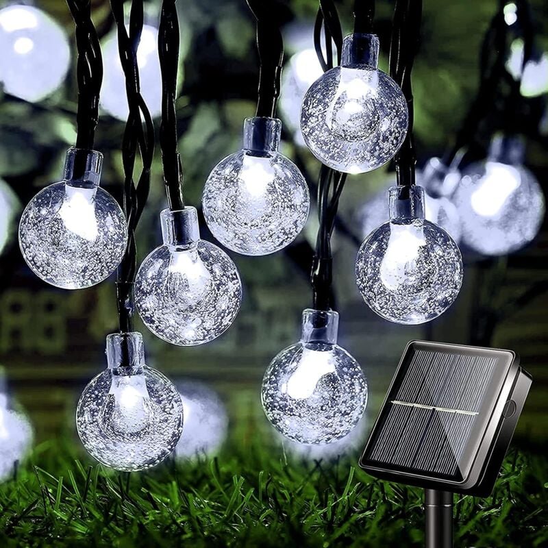 Guirlande Lumineuse Solaire Blanc,6.5M, 30 LEDs Ampoules, 8 Modes Eclairage, Étanche IP65 avec Panneau solaire 2V 140mA, pour la décoration