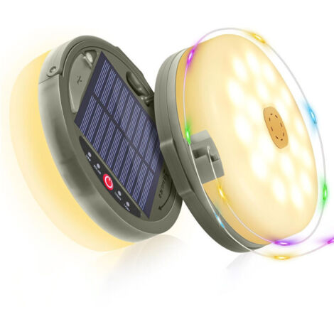 Guirlande lumineuse solaire colorée de 12 m pour le camping – Lampe pliable 2 en 1, 8 modes d'éclairage, rechargeable par USB, étanche IP45, idéale pour les tentes, les terrasses et les soirées en ple