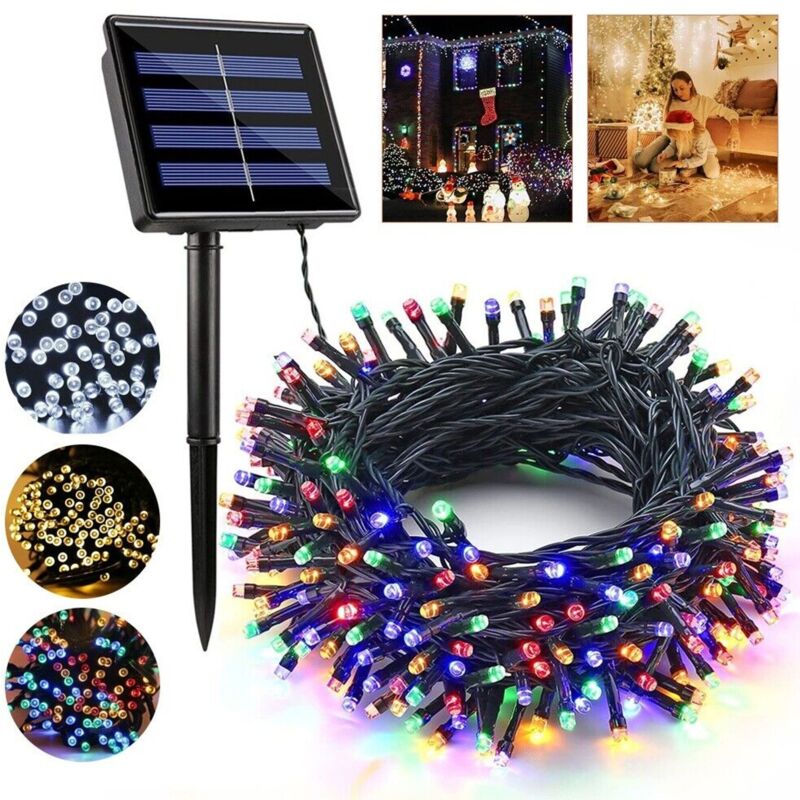 Guirlande lumineuse solaire de 12 m avec 100 led pour jardin, fête de Noël et extérieur