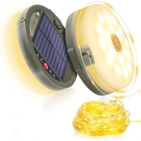 Guirlande lumineuse solaire de camping de 12 mètres aux couleurs chaudes – Lampe pliable 2 en 1, 8 modes, rechargeable par USB, étanche, idéale pour les tentes, les terrasses et les activités de plein
