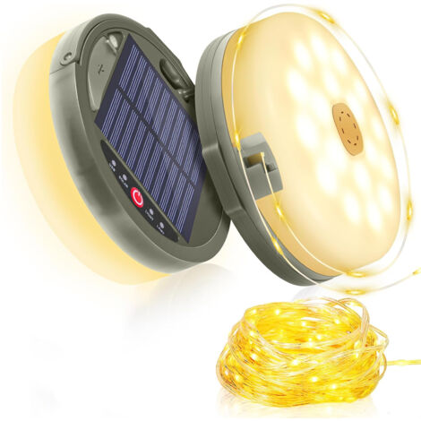 Guirlande lumineuse solaire de camping de 12 mètres aux couleurs chaudes – Lampe pliable 2 en 1, 8 modes, rechargeable par USB, étanche, idéale pour les tentes, les terrasses et les activités de plein