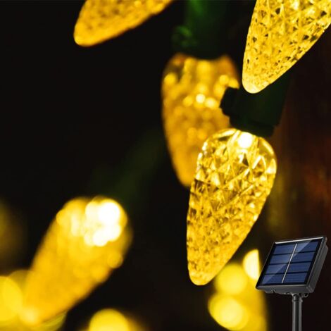 Guirlande lumineuse solaire de Noël fraise de 5 m, 50 LED, éclairage de sapin de Noël C6, 8 modes, blanc chaud