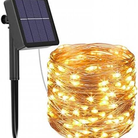 Guirlande lumineuse solaire d'extérieur, 10 mètres de long, 100 LED, étanche, lumière blanc chaud.