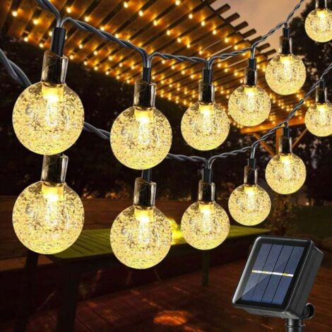 Guirlande lumineuse solaire d'extérieur, 12 m, 100 LED, boule de cristal étanche, lumières solaires de jardin avec 8 modes pour jardin, pelouse, patio, tonnelle, cour, extérieur – Blanc chaud