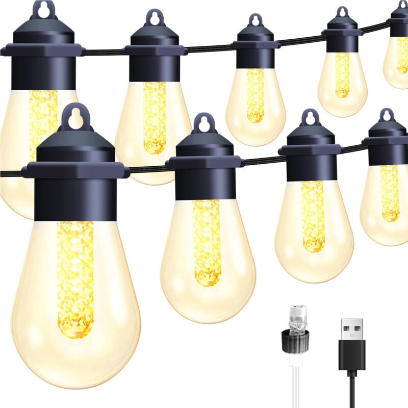 Guirlande lumineuse solaire d'extérieur 15 m - E12ampoules - Étanche IP44 - Pour extérieur, jardin, terrasse, arbres, décoration de fête - 2200 k