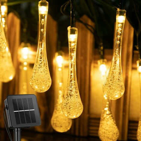 Guirlande lumineuse solaire d'extérieur 7,7 m 40 LED goutte d'eau à énergie solaire avec 8 modes, guirlande lumineuse en cristal étanche pour jardin, cour, arbre, décoration de fête de mariage (blanc