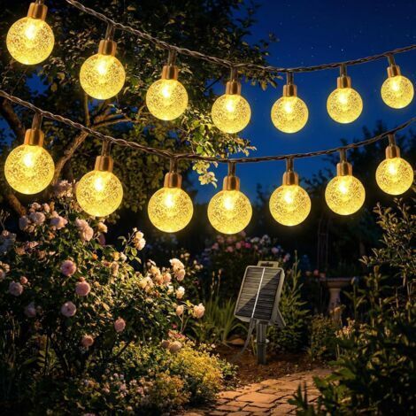Guirlande lumineuse solaire d'extérieur, 8m 40 LED boules de cristal, 8 modes, fonction mémoire, étanche IP65, pour jardin, terrasse, balcon, mariage, blanc chaud