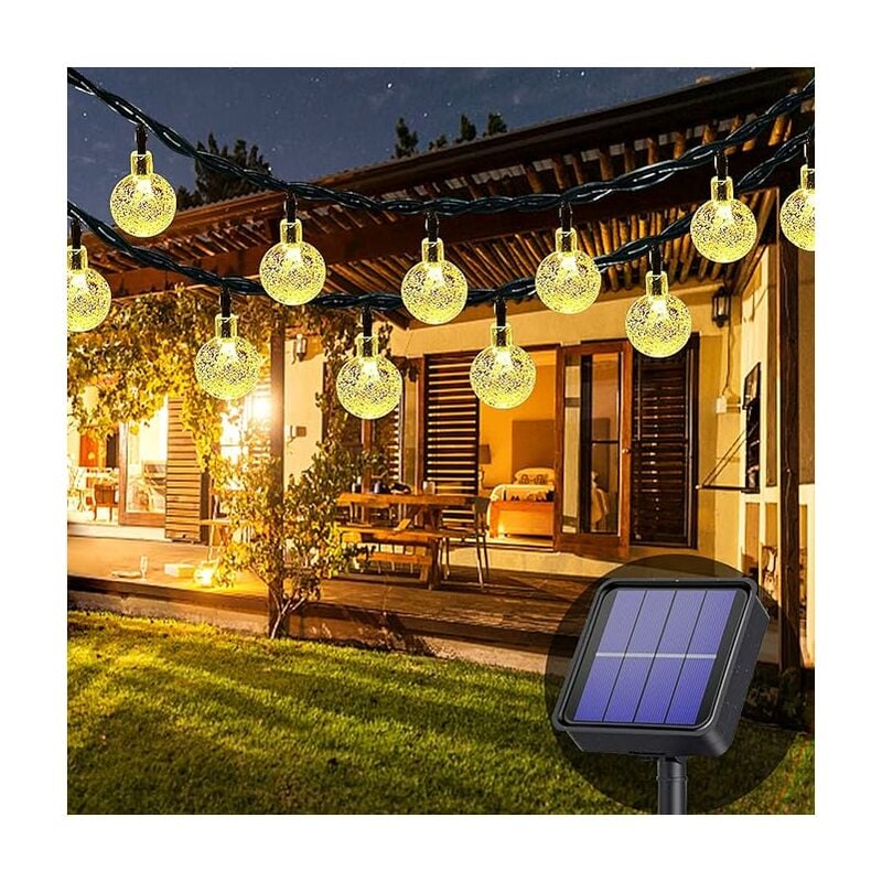 Guirlande lumineuse solaire d'extérieur, Blanc chaud , 50 led, 7 m, étanche, 8 modes d'éclairage, intérieur/extérieur - Pour jardin, terrasse, cour,
