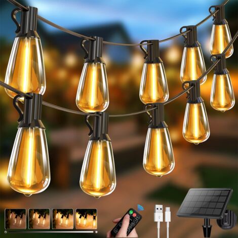 Guirlande lumineuse solaire d'extérieur de 10 m, Lampe de jardin rechargeable USB avec télécommande et 15+1 ampoules LED ST38, étanche IP44 (lot de 2)