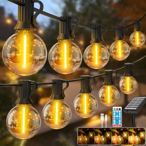 Guirlande lumineuse solaire d'extérieur de 9,5 m, Lampe de jardin rechargeable USB avec télécommande et 25 ampoules LED G40, 8 modes, IP44 (lot de 2)