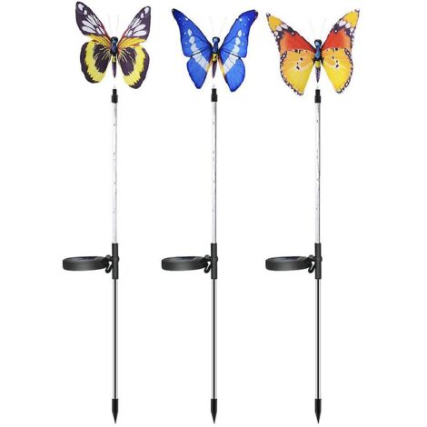 Guirlande lumineuse solaire d'extérieur en forme de papillon, lot de 3 lampes à piquer multicolores avec papillons décoratifs en fibre optique pour la décoration de jardin et l'ambiance festive