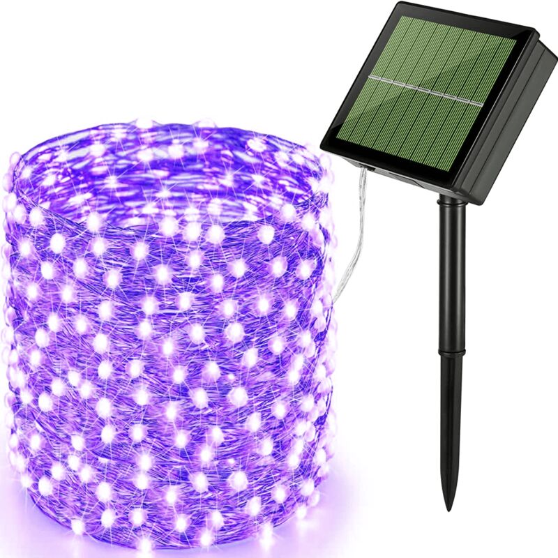 Guirlande lumineuse solaire d'extérieur, extra longue de 22,9 m, 200 led, 8 modes pour arbres, cour, jardin, fête - violet