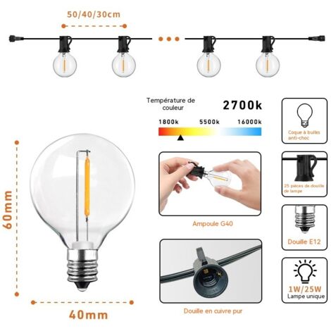 Guirlande Lumineuse Solaire G40 LED Extérieure, Lumières de Patio Etanches 2700K avec Télécommande, 8 Modes d'Éclairage pour Jardin, Terrasse, Fête, Mariage, Camping - 6 mètres - 20 lumières