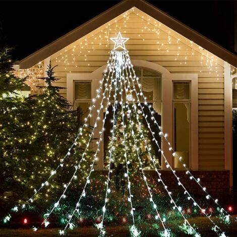 Guirlande lumineuse solaire, guirlande lumineuse de style cascade pour sapin de Noël, avec une étoile au sommet (lumière blanche)