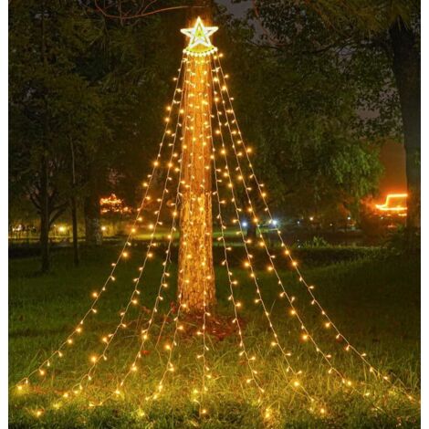 Guirlande lumineuse solaire, guirlande lumineuse de style cascade pour sapin de Noël, avec une étoile au sommet (lumière chaude)