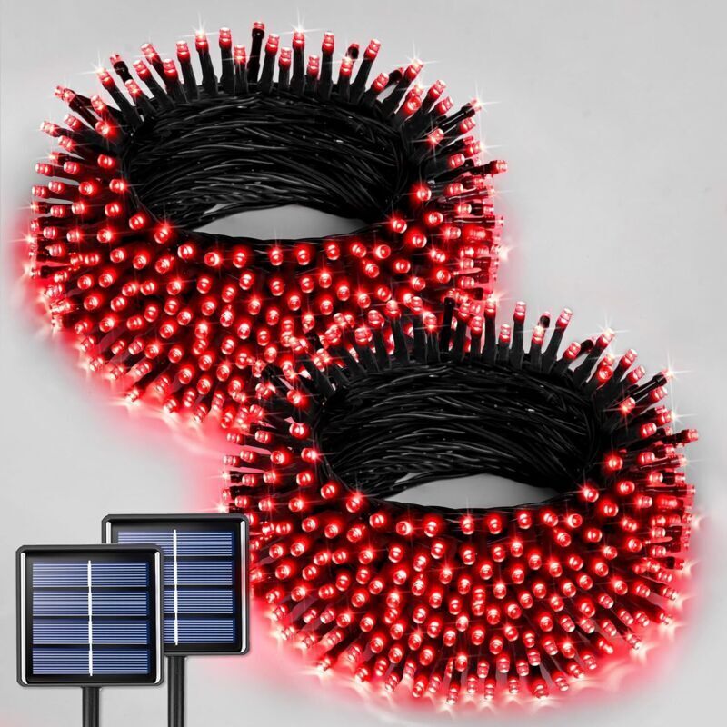 Guirlande lumineuse solaire rouge, 100 LED, 12 mètres, guirlande lumineuse solaire d'extérieur, 8 modes, adaptée à la décoration d'arbre de jardin de