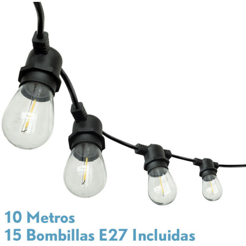 Fabrilamp - Guirlande lumineuse extérieure 10m 15xe27led 15w 4000k ampoules remplaçables et interconnectables ip44