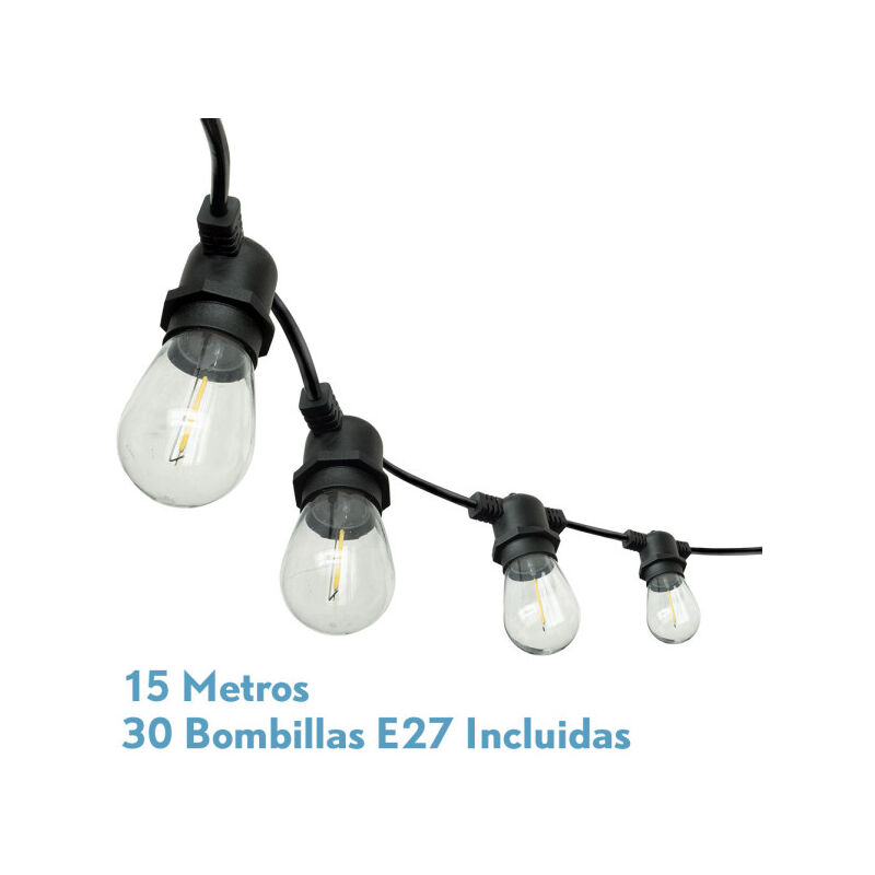 Verbena outdoor lights 15m 30xe27led 30w 4000k ampoules remplaçables et interconnectables ip44